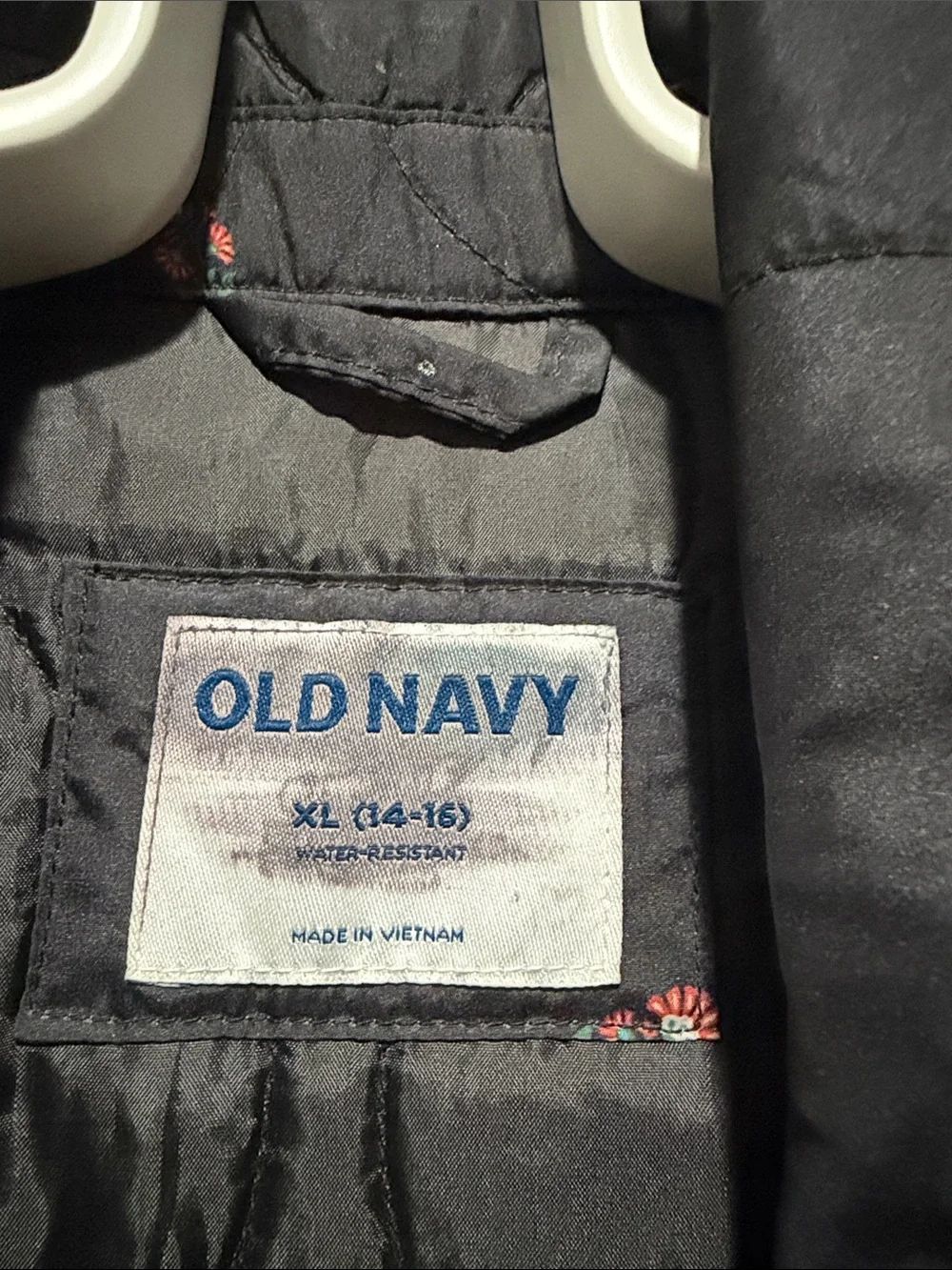Old Navy Black Quilted Puffer Jacket with Red Floral Dots